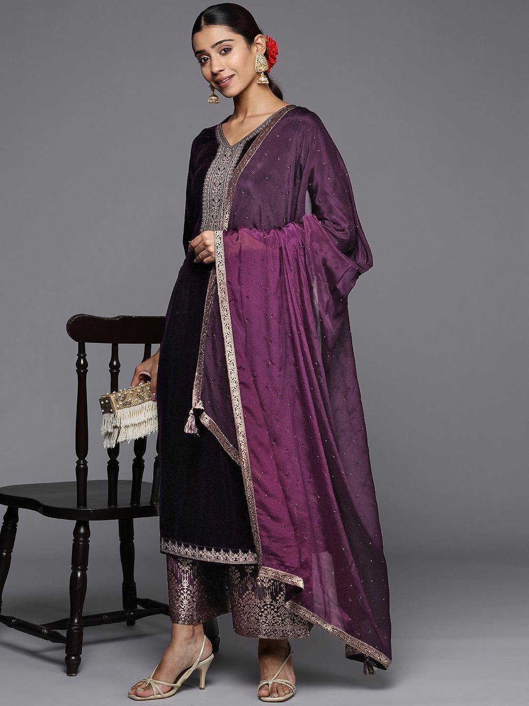 Purple Yoke Design Velvet Straight Suit Set - ShopLibas