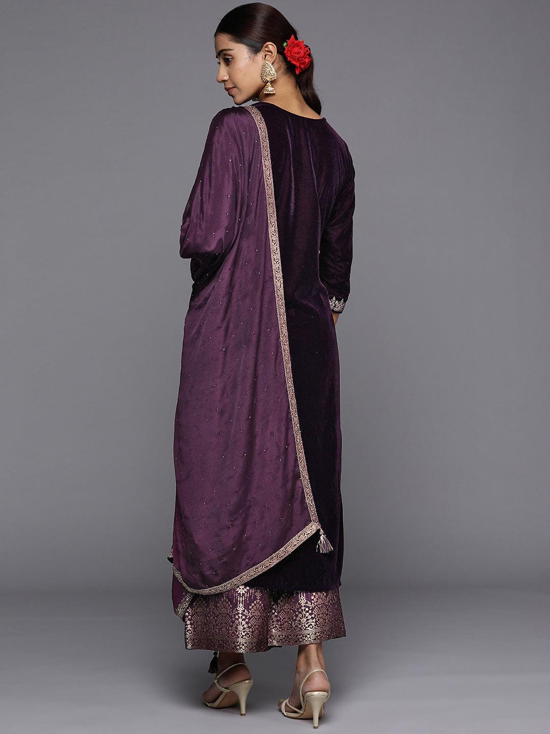Purple Yoke Design Velvet Straight Suit Set - ShopLibas