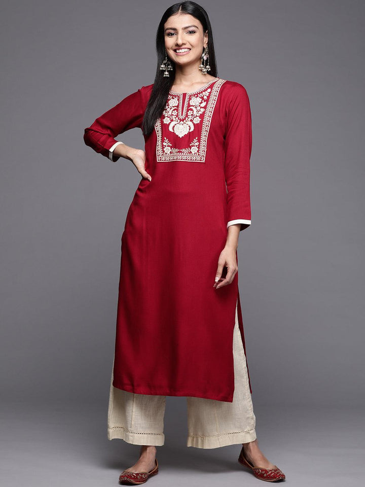 Red Embroidered Pashmina Wool Straight Kurta