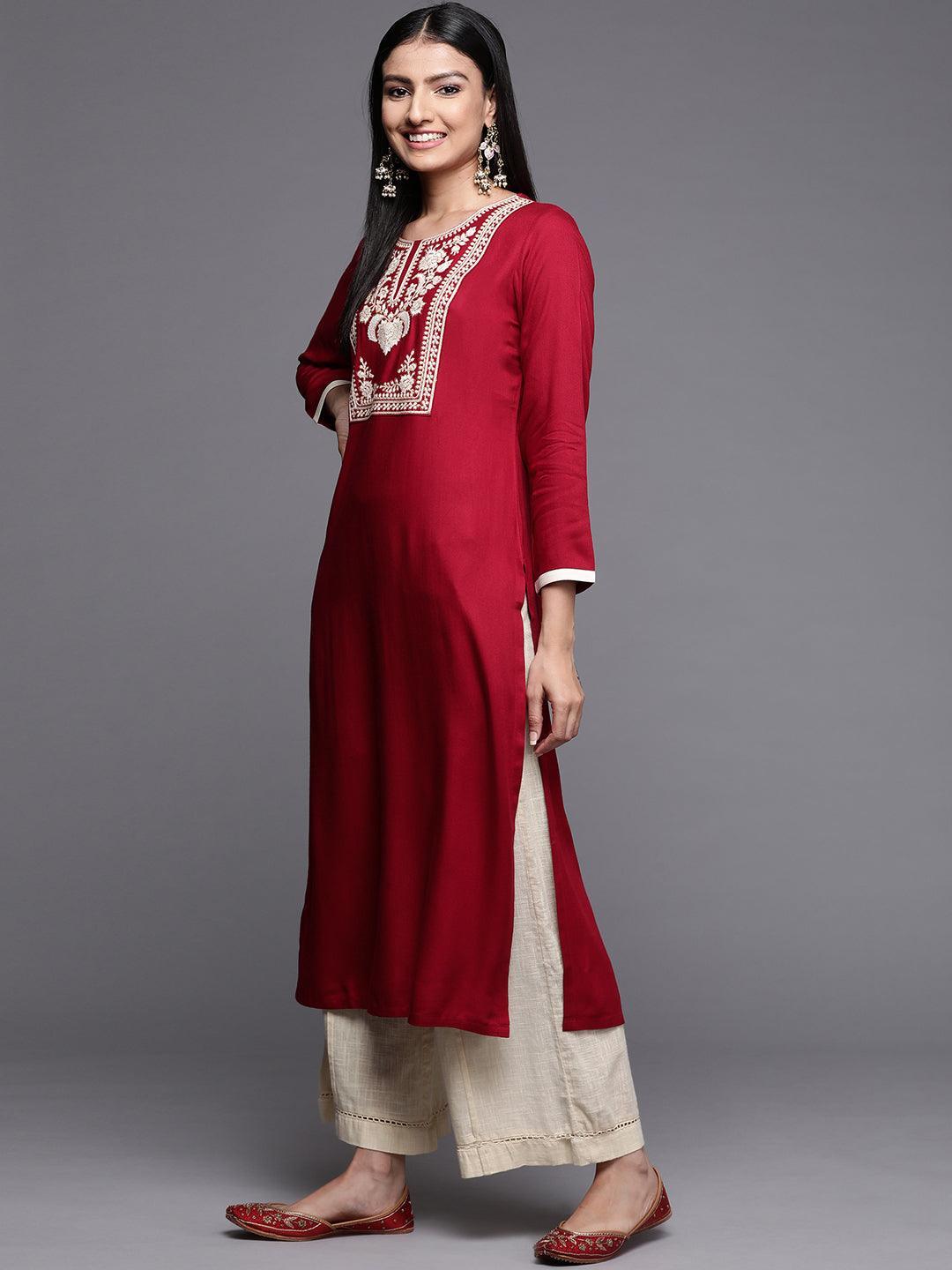 Red Embroidered Pashmina Wool Straight Kurta - Libas