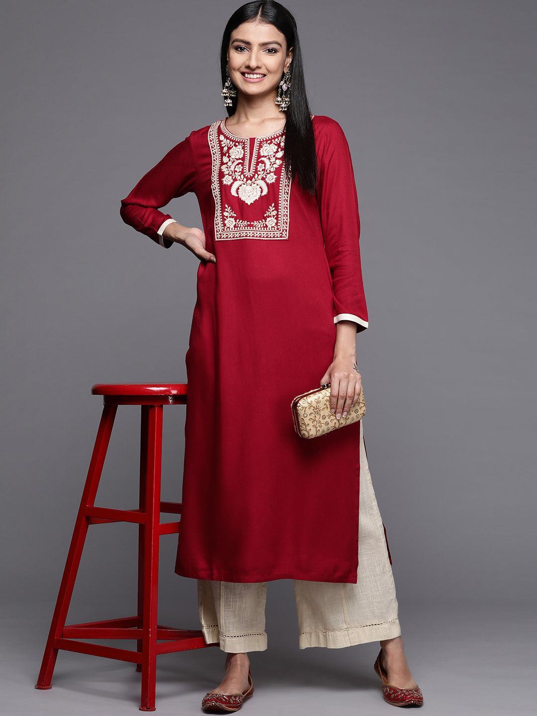 Red Embroidered Pashmina Wool Straight Kurta - Libas