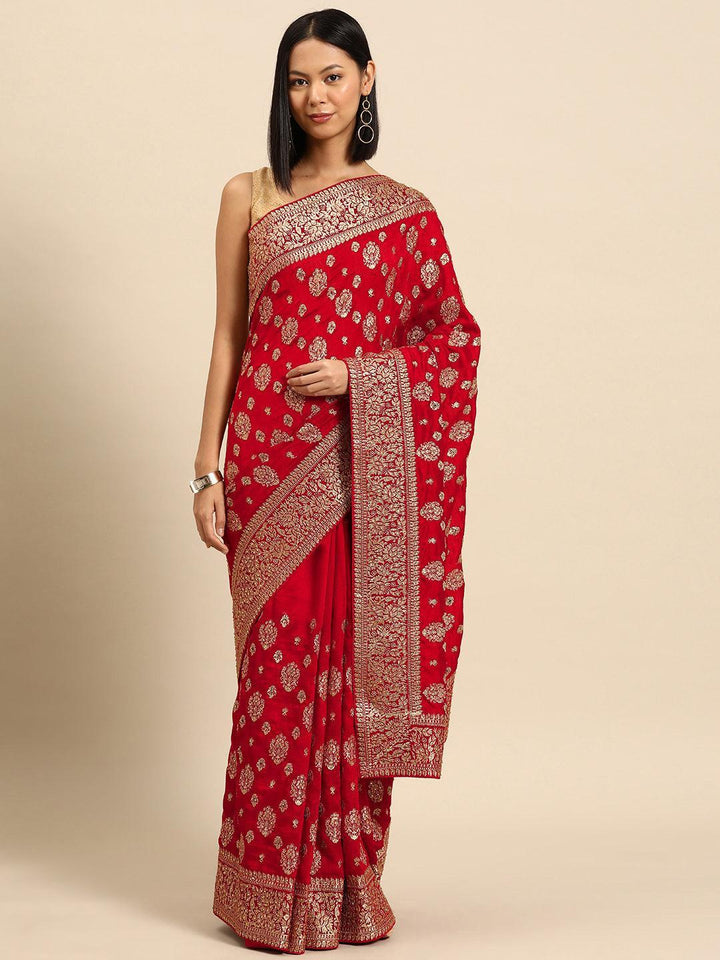 Red Embroidered Silk Blend Saree