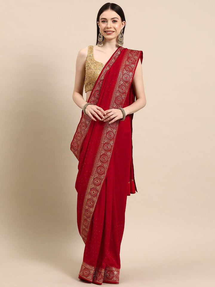 Red Embroidered Silk Blend Saree