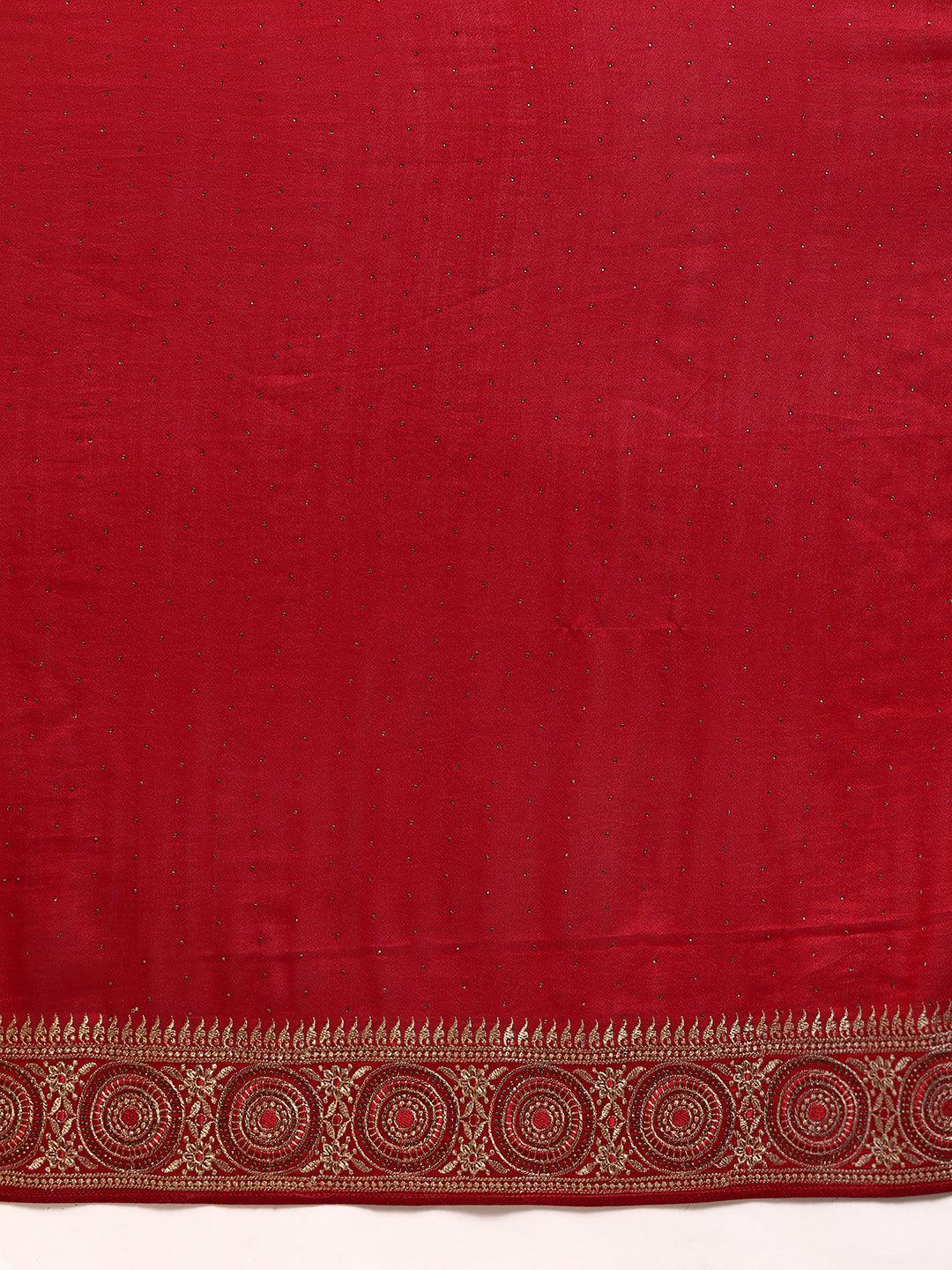 Red Embroidered Silk Blend Saree - Libas