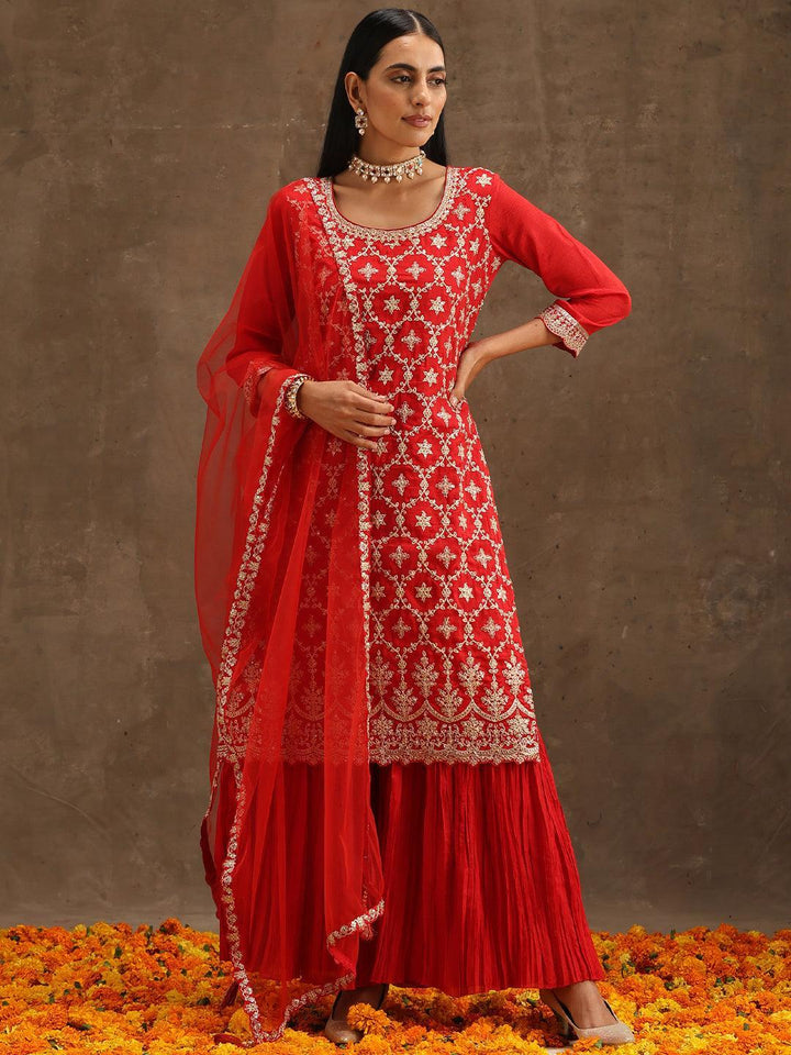 Red Embroidered Silk Blend Straight Suit Set With Sharara