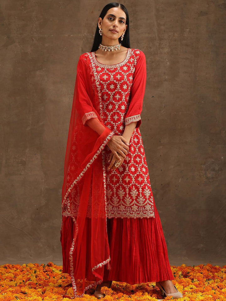 Red Embroidered Silk Blend Straight Suit Set With Sharara