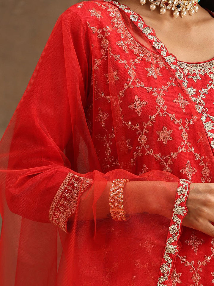 Red Embroidered Silk Blend Straight Suit Set With Sharara