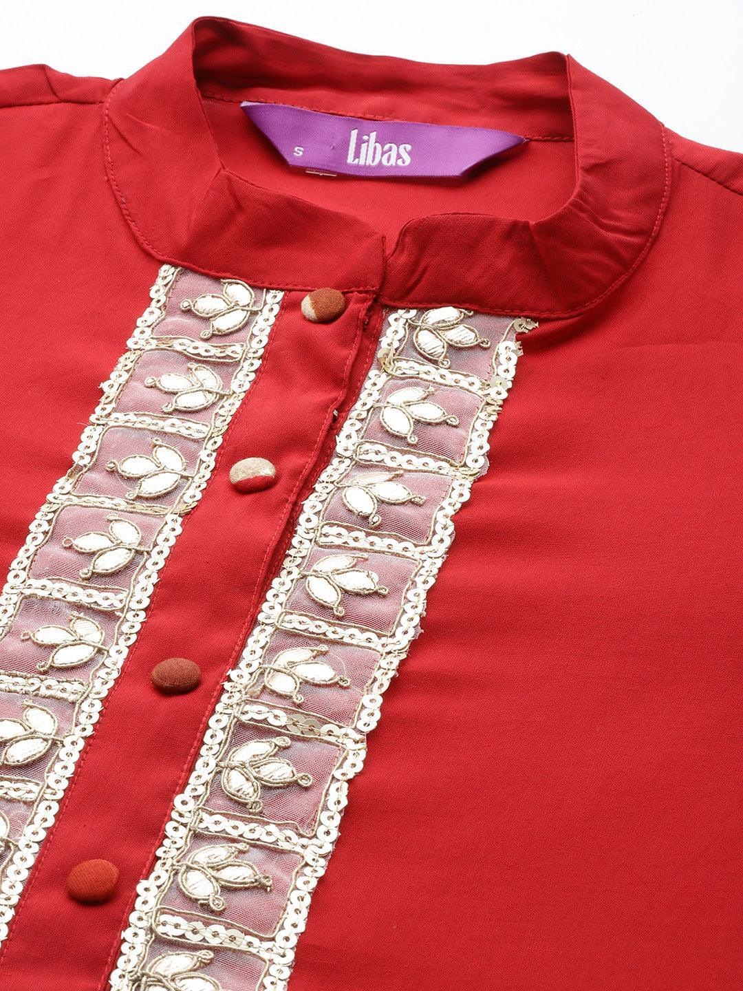 Red Embroidered Silk Blend Straight Suit Set With Trousers - ShopLibas