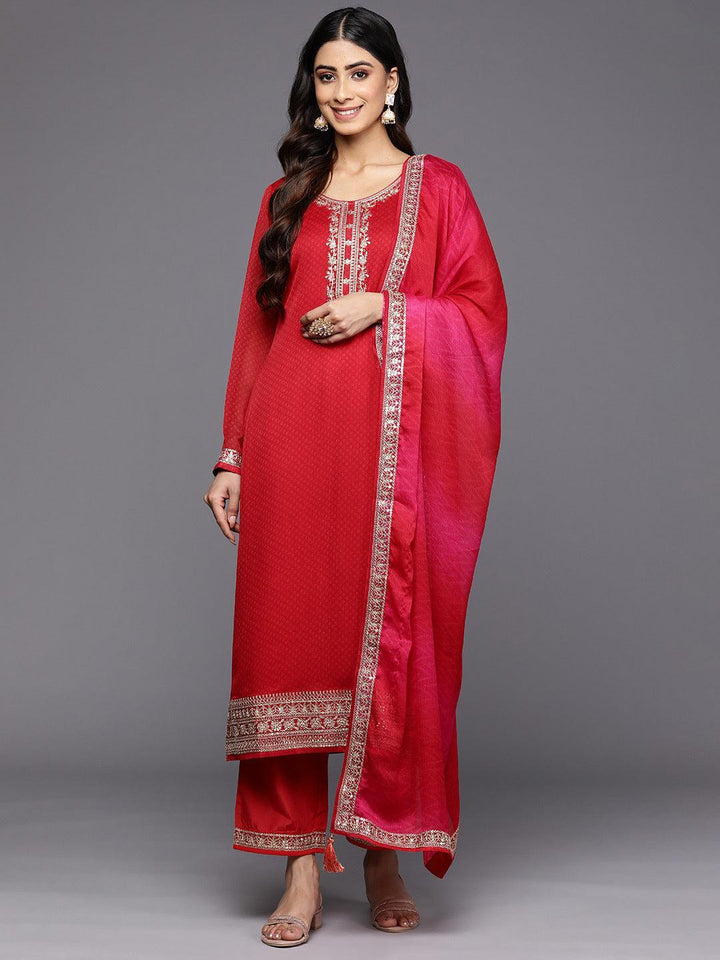 Red Printed Chiffon Straight Suit Set With Trousers