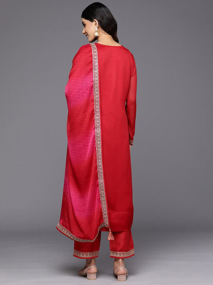 Red Printed Chiffon Straight Suit Set With Trousers