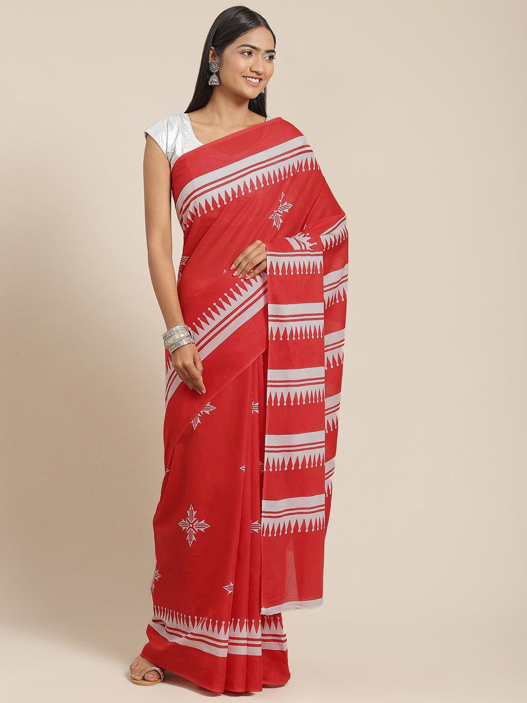 Red Printed Cotton Saree - ShopLibas