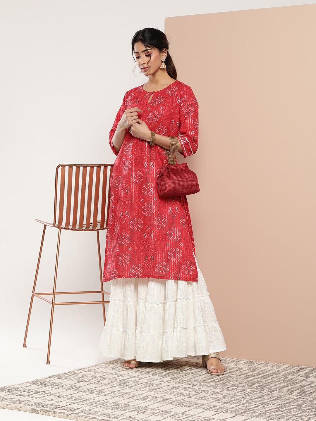 Red Printed Cotton Straight Kurta - ShopLibas