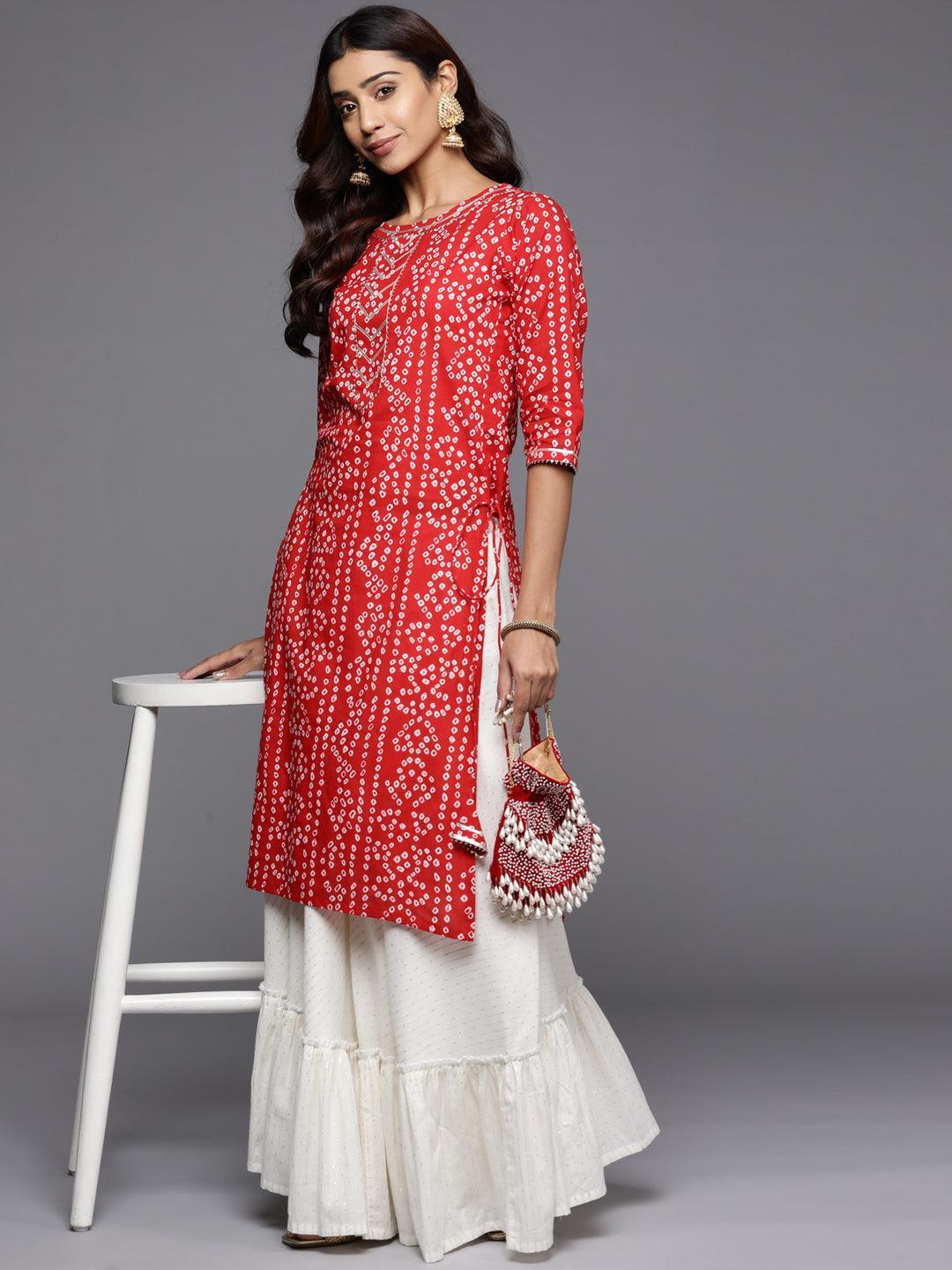 Red Printed Cotton Straight Kurta - ShopLibas