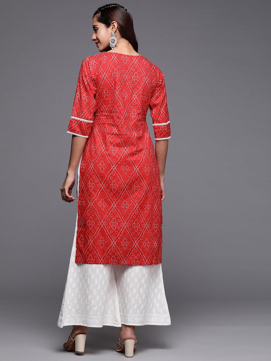 Red Printed Cotton Straight Kurta - Libas
