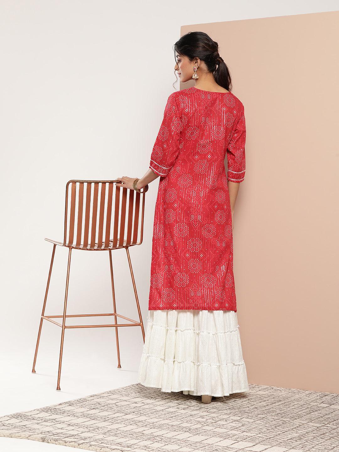 Red Printed Cotton Straight Kurta - ShopLibas
