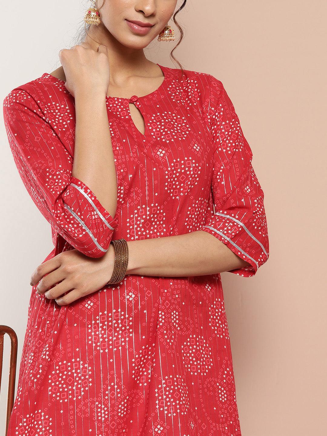 Red Printed Cotton Straight Kurta - ShopLibas