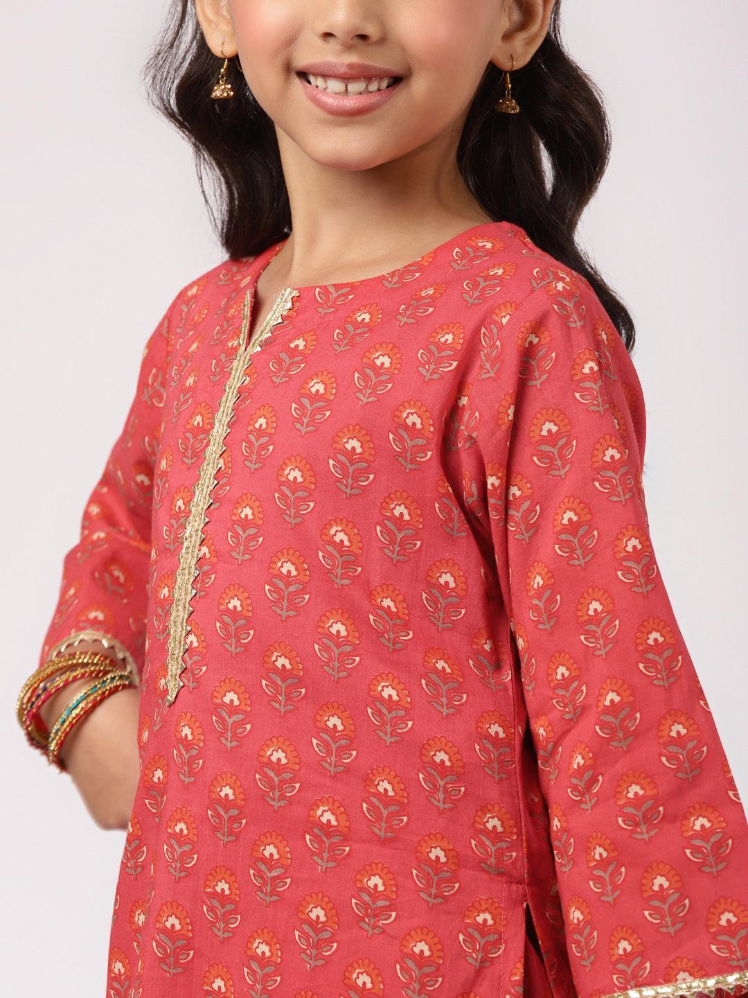 Red Printed Cotton Straight Suit Set - ShopLibas