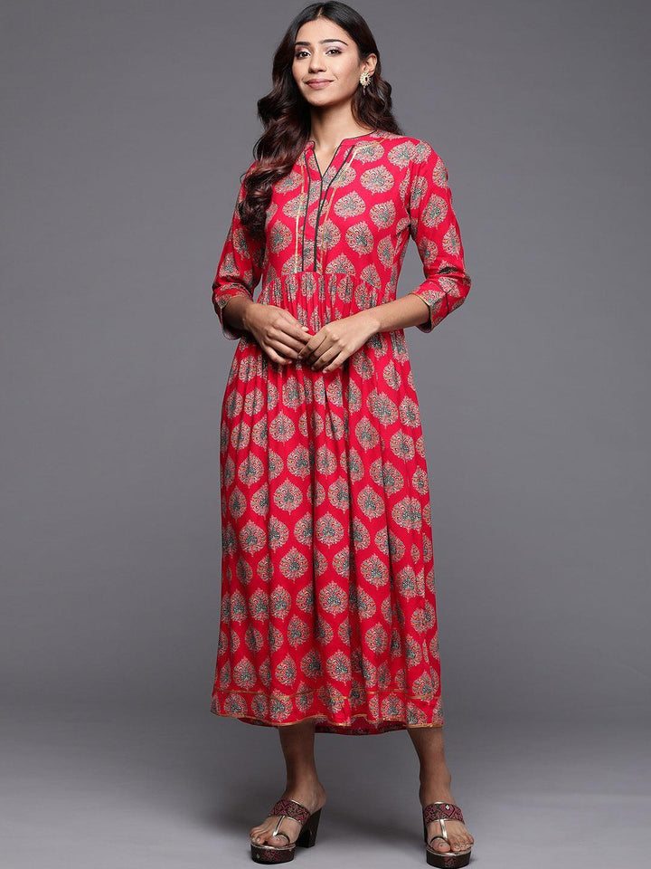 Red Printed Rayon Fit and Flare Dress