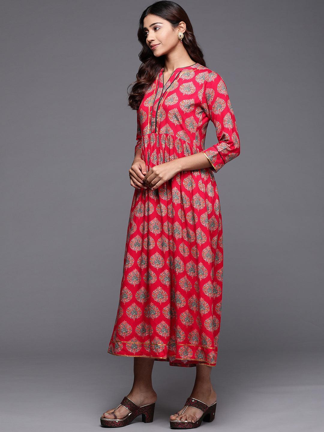 Red Printed Rayon Fit and Flare Dress - Libas