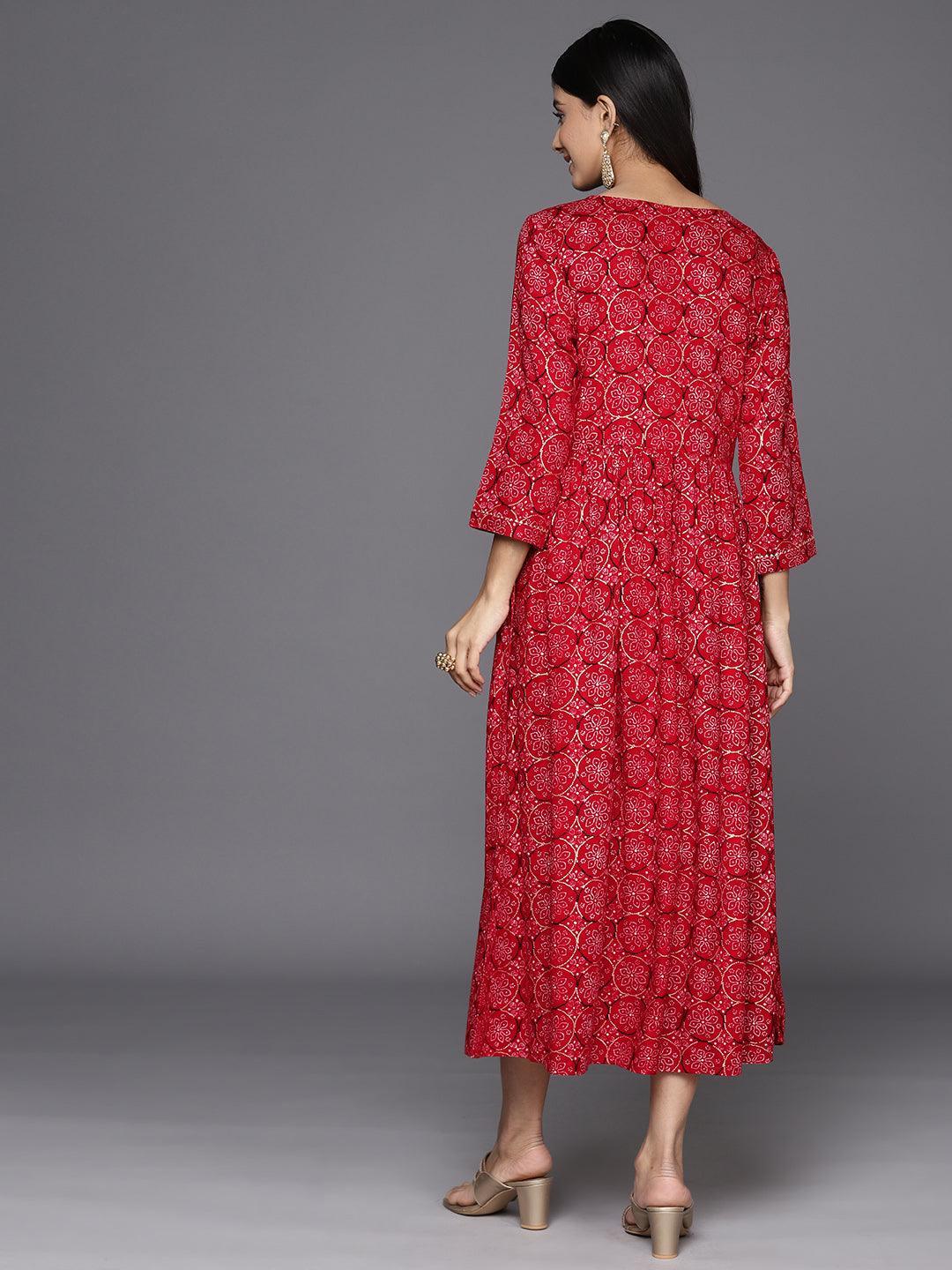 Red Printed Rayon Fit and Flare Dress - Libas