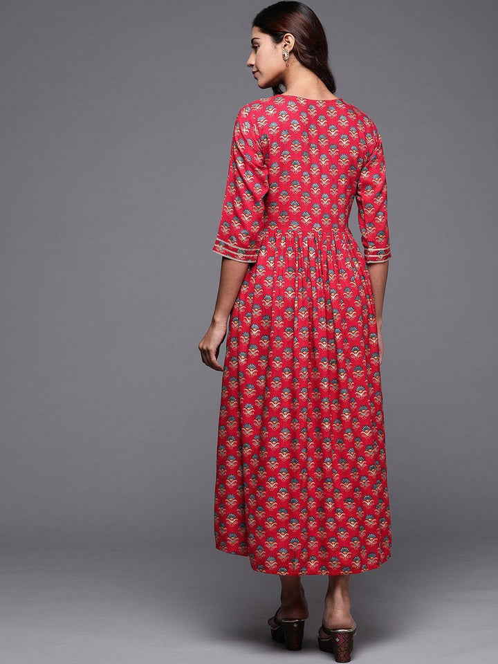 Red Printed Rayon Fit and Flare Dress