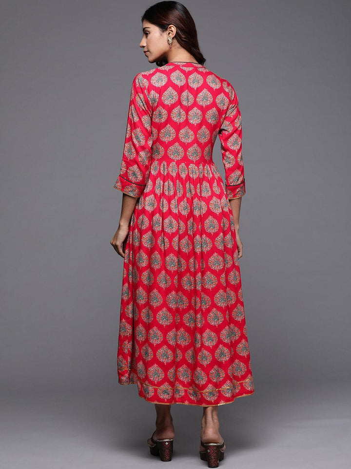 Red Printed Rayon Fit and Flare Dress