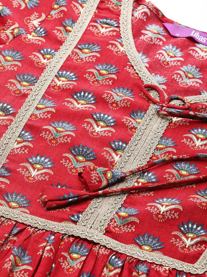 Red Printed Rayon Fit and Flare Dress