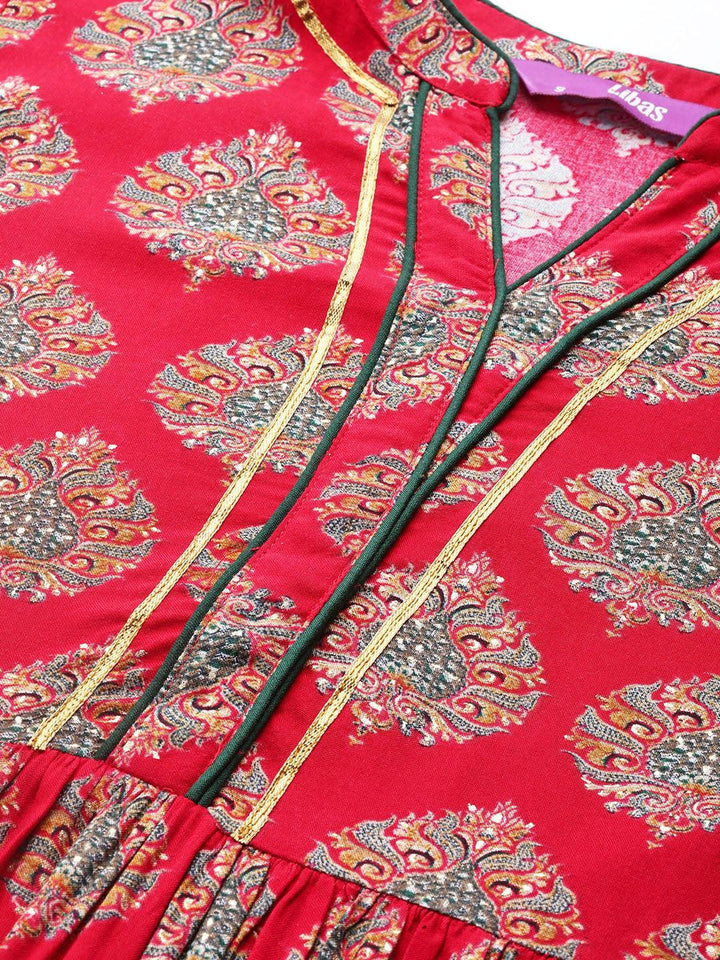 Red Printed Rayon Fit and Flare Dress