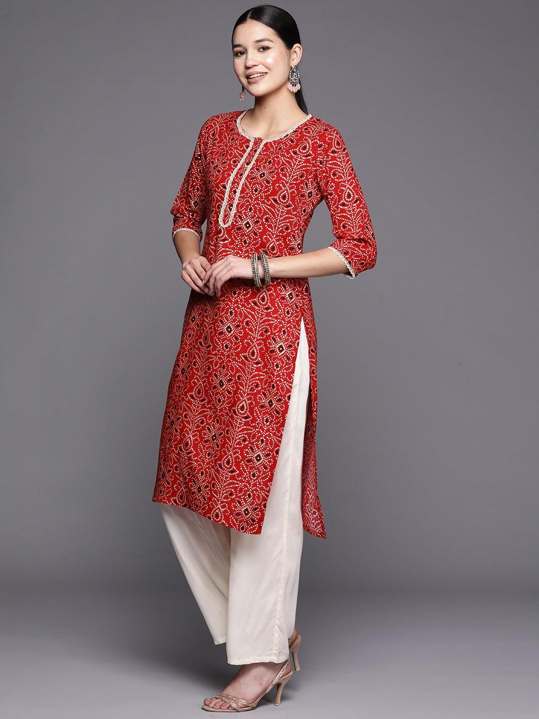 Red Printed Rayon Straight Kurta - ShopLibas