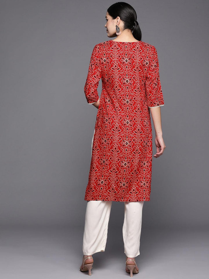 Red Printed Rayon Straight Kurta