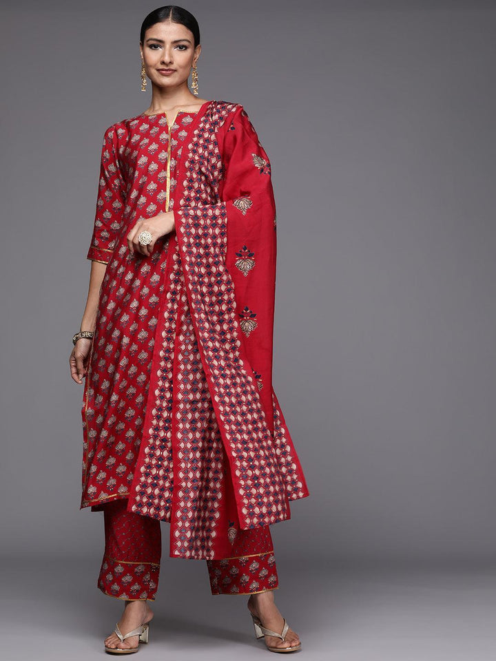 Red Printed Silk Blend Straight Suit Set