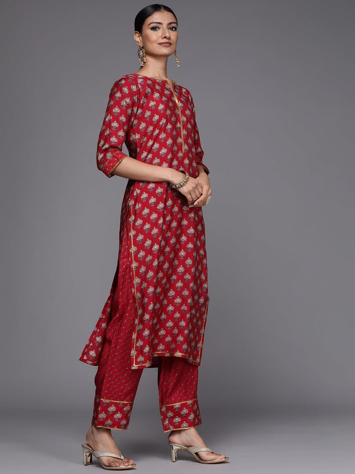 Red Printed Silk Blend Straight Suit Set
