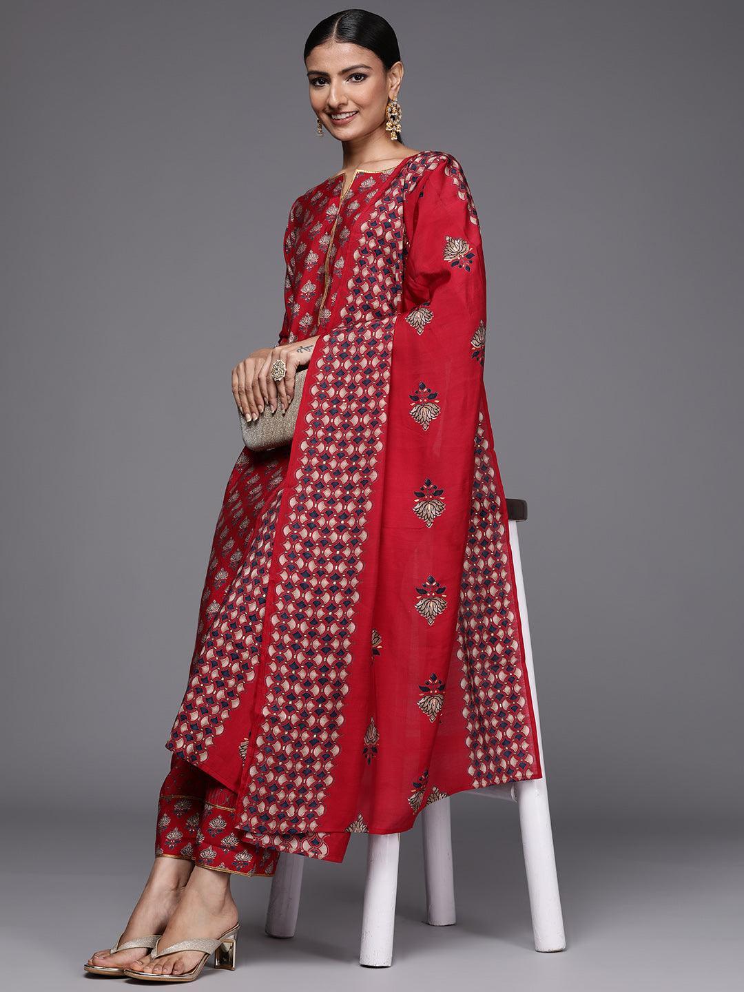 Red Printed Silk Blend Straight Suit Set - ShopLibas