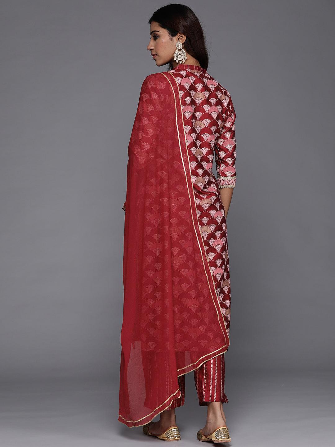 Red Printed Silk Blend Straight Suit Set With Trousers - Libas