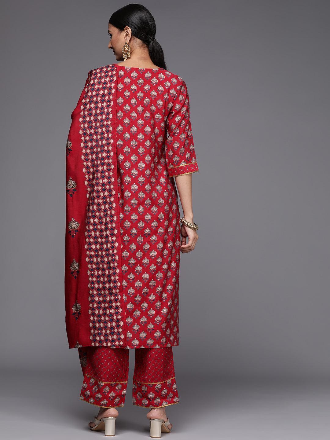 Red Printed Silk Blend Straight Suit Set - ShopLibas