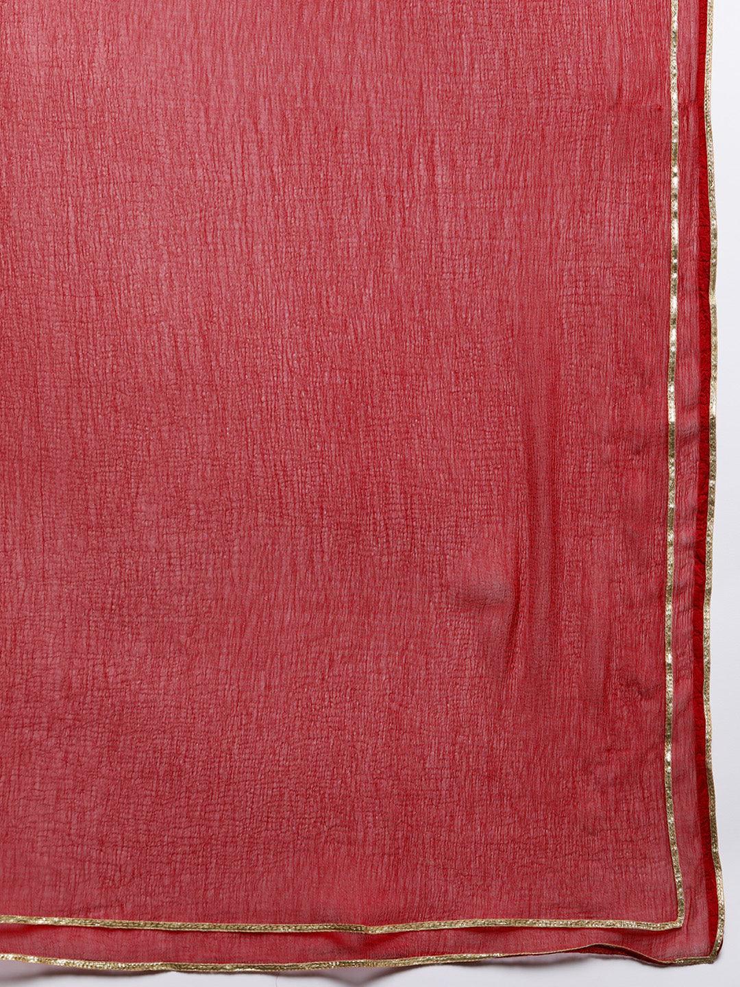 Red Printed Silk Blend Straight Suit Set With Trousers - Libas