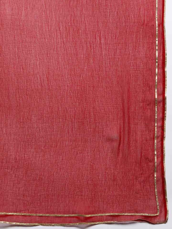 Red Printed Silk Blend Straight Kurta With Dupatta