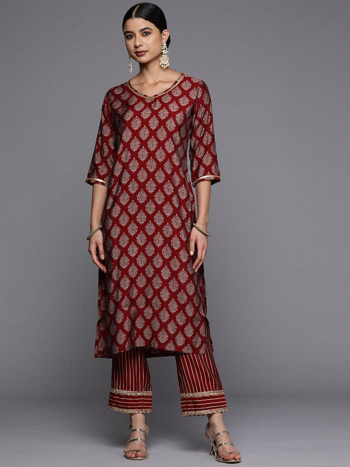 Red Printed Silk Straight Kurta