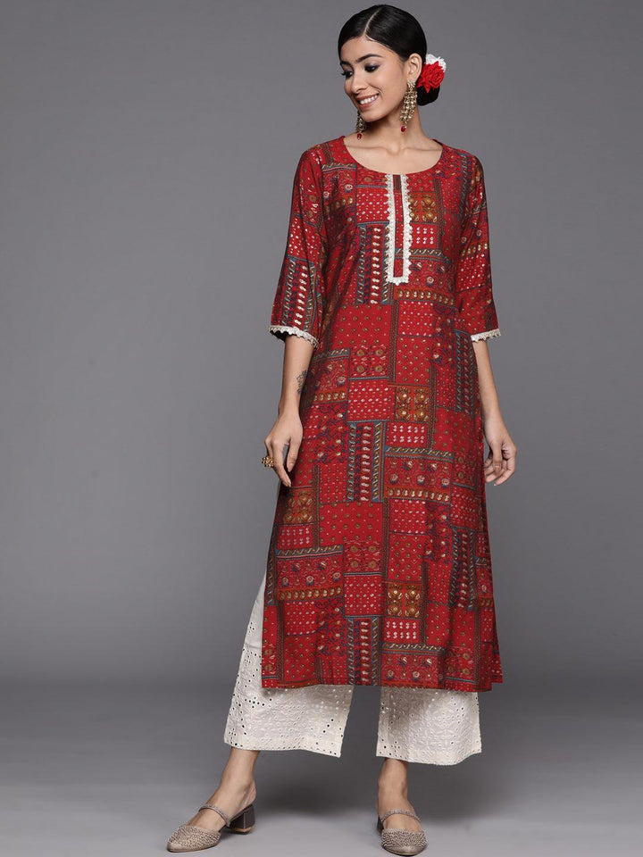 Red Printed Silk Straight Kurta
