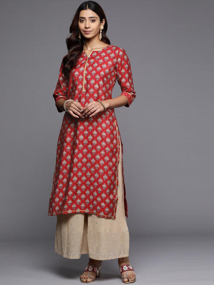 Red Printed Silk Straight Kurta