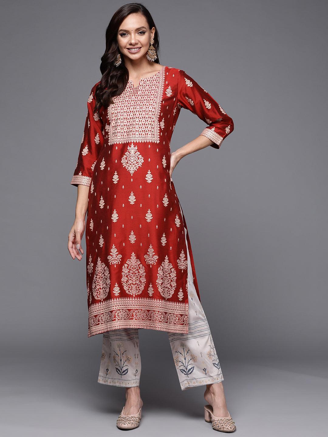 Red Printed Silk Straight Kurta - ShopLibas