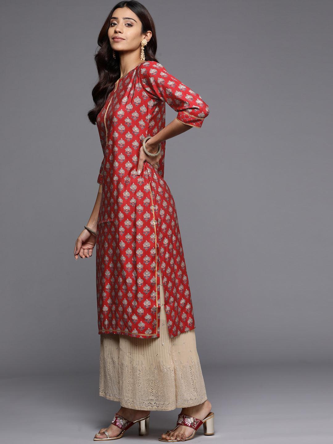 Red Printed Silk Straight Kurta - ShopLibas
