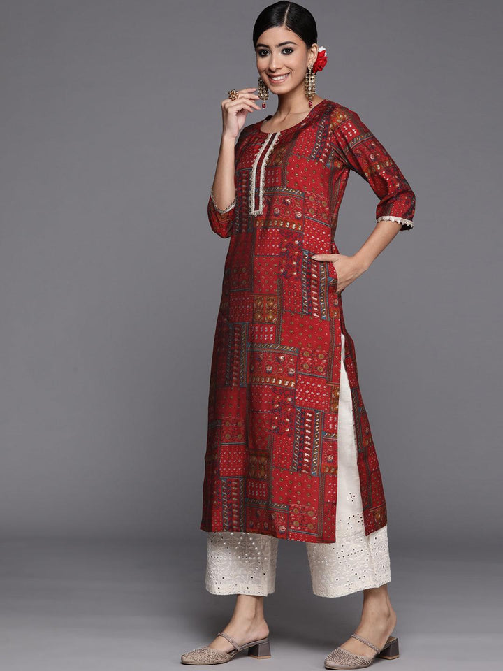 Red Printed Silk Straight Kurta