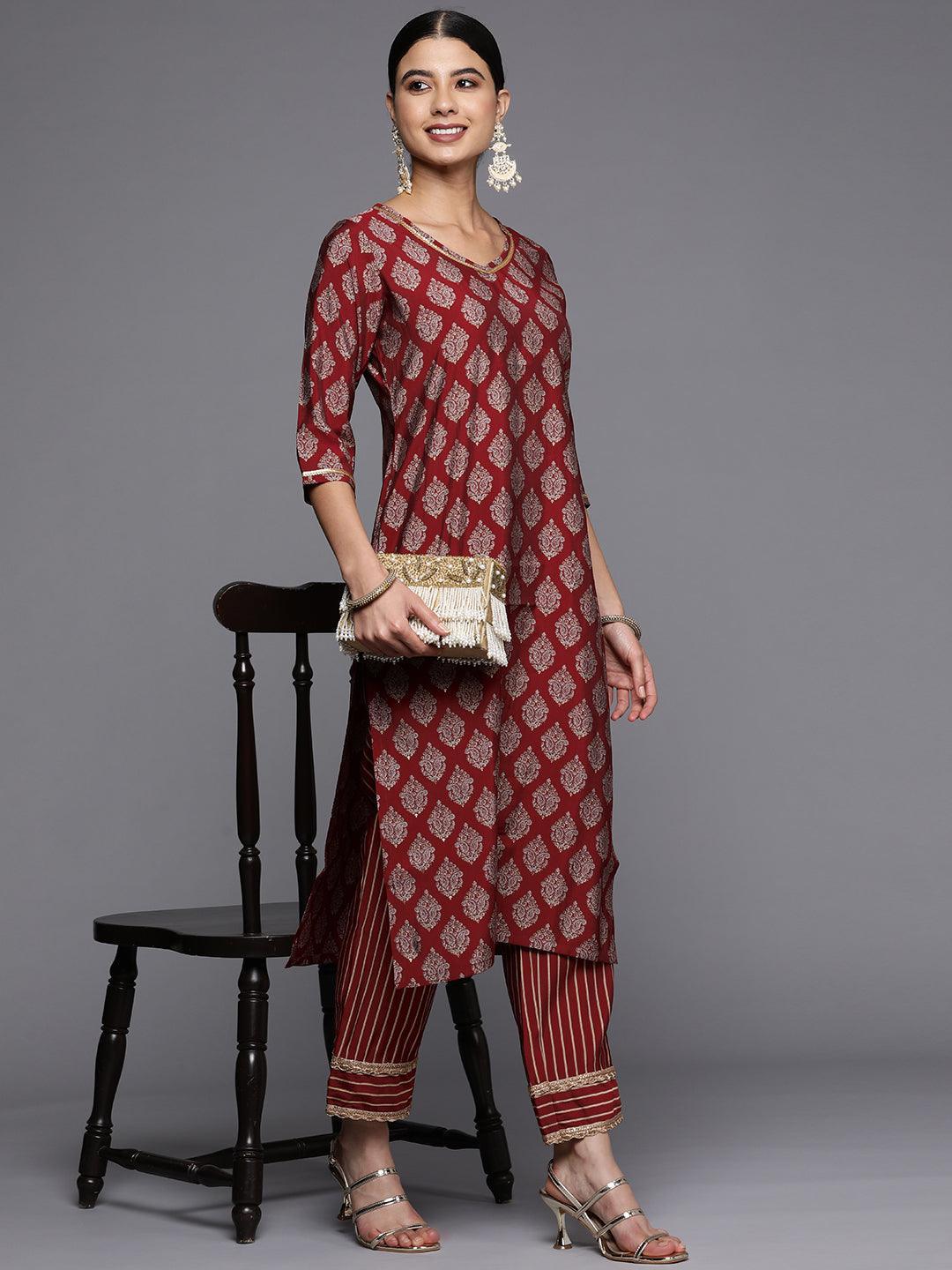 Red Printed Silk Straight Kurta - ShopLibas