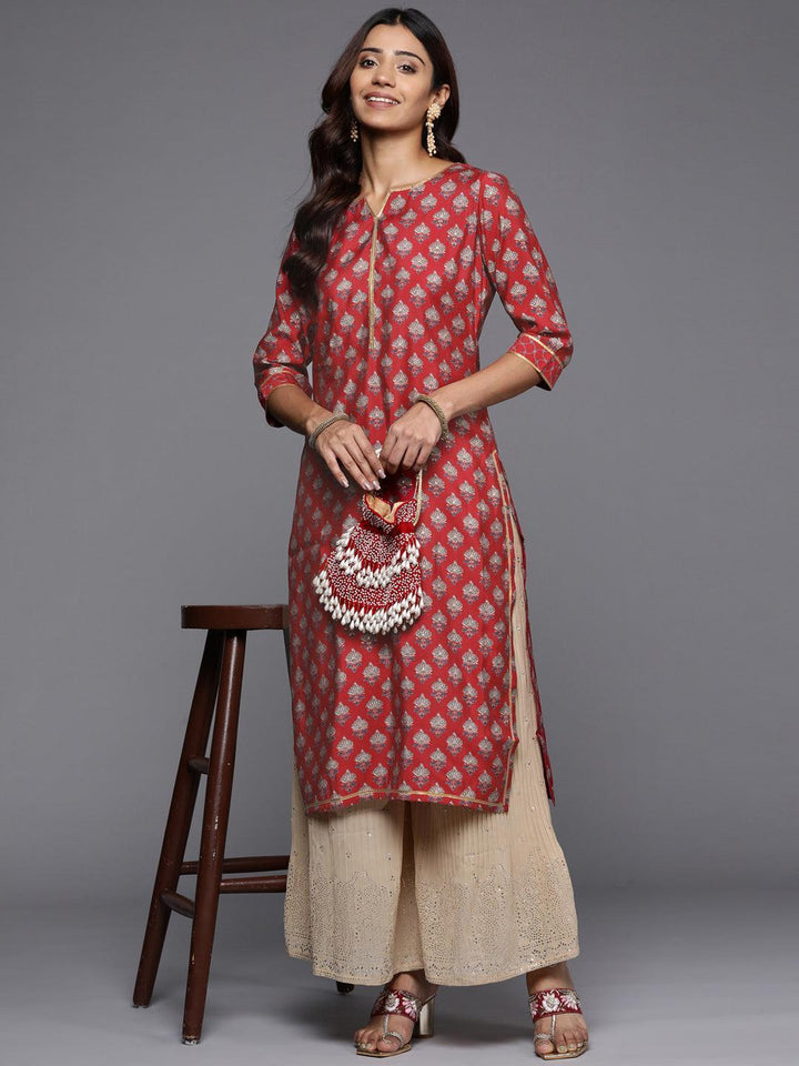 Red Printed Silk Straight Kurta