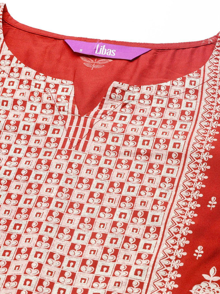 Red Printed Silk Straight Kurta