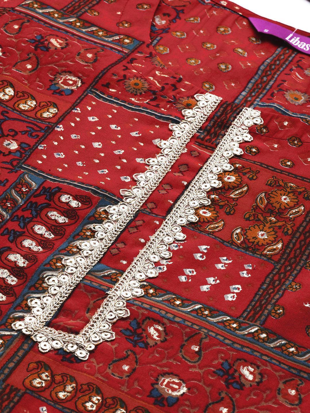 Red Printed Silk Straight Kurta - ShopLibas