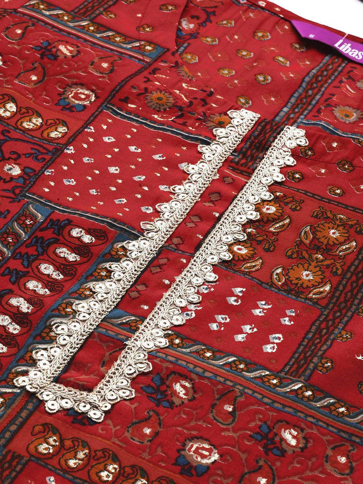 Red Printed Silk Straight Kurta