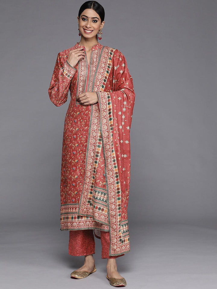 Red Printed Velvet Straight Kurta With Dupatta