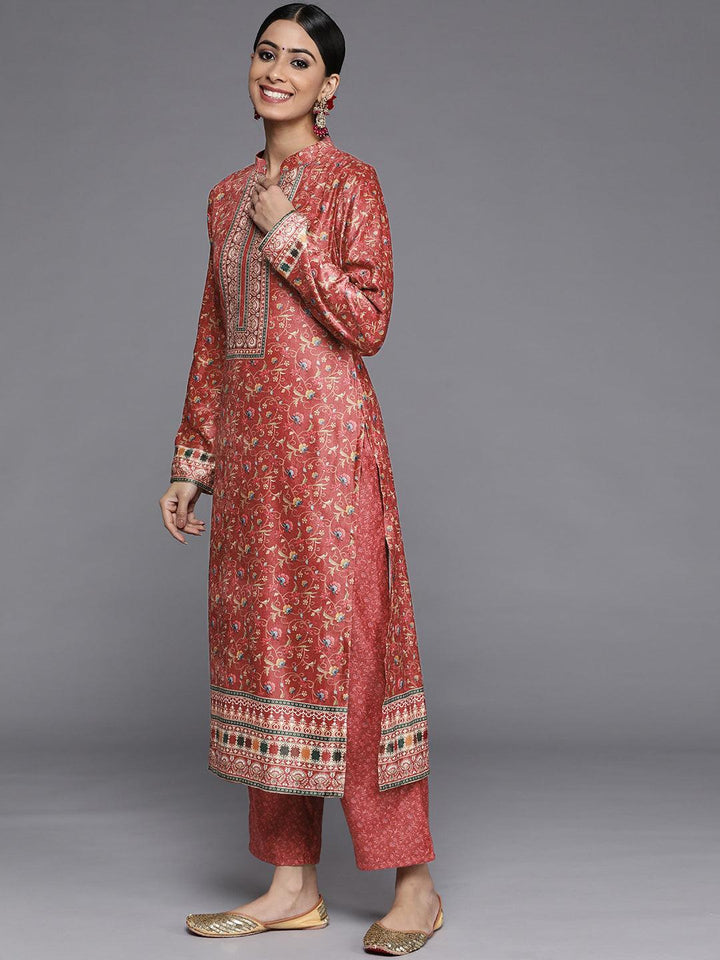 Red Printed Velvet Straight Kurta With Dupatta
